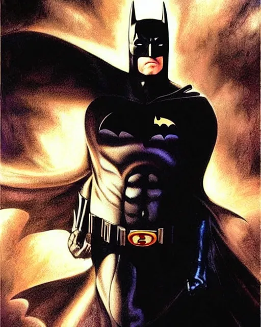 Image similar to batman ben affleck, airbrush, drew struzan illustration art, key art, movie poster