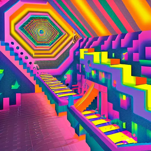 Prompt: a drawing of a room with a staircase, a computer rendering by kilian eng, cg society contest winner, psychedelic art, op art, isometric, voxel art, vaporwave