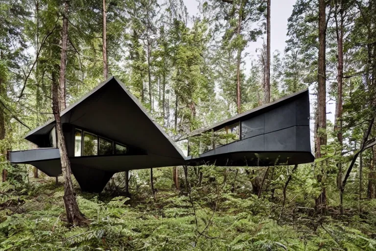 Prompt: a large modern cabin sitting on detritus, with curved shapes and ergonomic design, lush foliage
