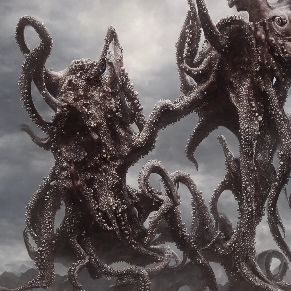 Prompt: a single highly detailed 4 k matte painting. a monster of vaguely anthropoid outline, but with an octopus - like head whose face was a mass of feelers, a scaly, rubbery - looking body, prodigious claws on hind and fore feet, and long, narrow wings behind