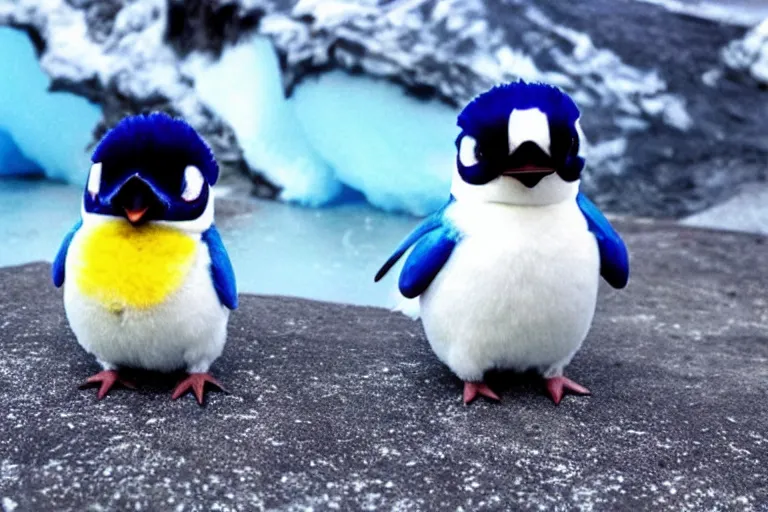 Image similar to real life piplup pokemon in icy antartica, cute!!!, heroic!!!, adorable!!!, playful!!!, chubby!!!, happy!!!, cheeky!!!, mischievous!!!, ultra realistic!!!, autumn, clear weather, golden hour, sharp focus