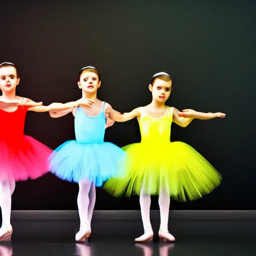 Prompt: three ballerinas in fluorescent tutus on a dark stage, 8 k, photorealistic,