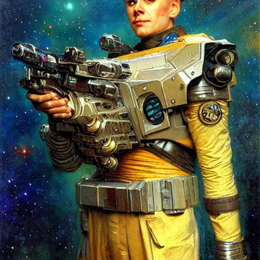 Image similar to portrait of a wolf in uniform starship stars laser gun. shadowrun furaffiniy cyberpunk fantasy highly detailed painting by gaston bussiere craig mullins jc leyendecker gustav klimt artgerm greg rutkowski john berkey, bergey, craig mullins, ruan jia, raymond swanland, jeremy mann, tom lovell, alex malveda