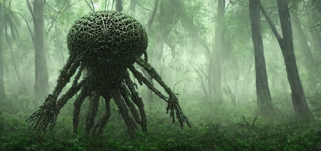 Prompt: a complex organic fractal 3 d metallic symbiotic ceramic humanoid megastructure creature in a swampy lush forest, foggy, cinematic shot, photo still from movie by denis villeneuve, 9 0 s anime