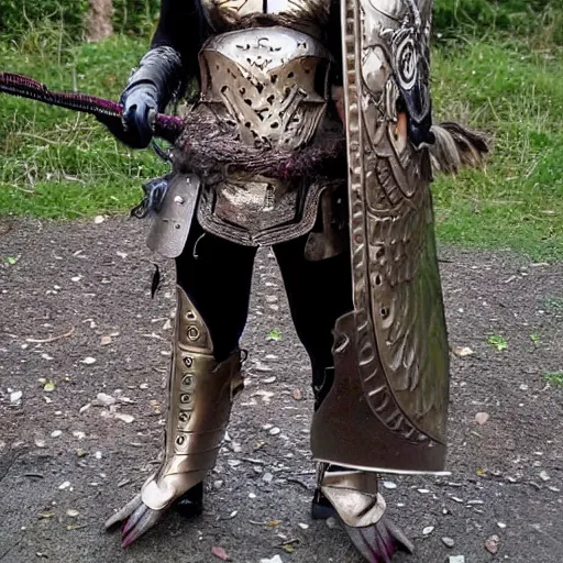 Prompt: full body photo of a female warrior wearing owl armour