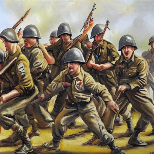 Prompt: world war 2 soldiers attacking tesco supermarket oil painting