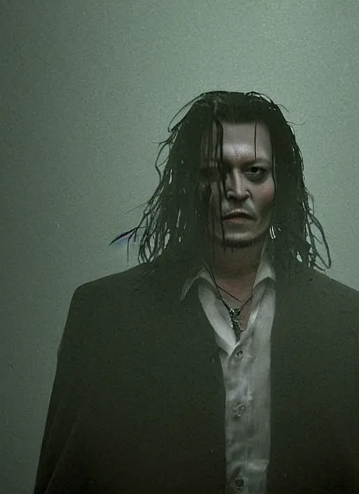 Prompt: screenshoot from david lynch weird movie, face centered portrait of johnny depp in matrix movie, confident, fog, rain, volumetric lighting, beautiful, golden hour, sharp focus, ultra detailed, cgsociety by leesha hannigan, ross tran, thierry doizon, kai carpenter, ignacio fernandez rios, noir photorealism, film