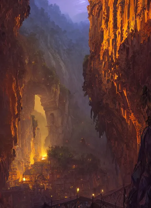 Prompt: medieval city built on terraces in a gigantic canyon, lots of buildings connected by hanging bridges, waterfalls, glow coming from amber veins in the ground, lush vegetation, pitchblack sky, extremly detailed digital painting, in the style andreas rocha and greg rutkowski, rim light, beautiful lighting, 8 k, stunning scene, octane, trending on artstation