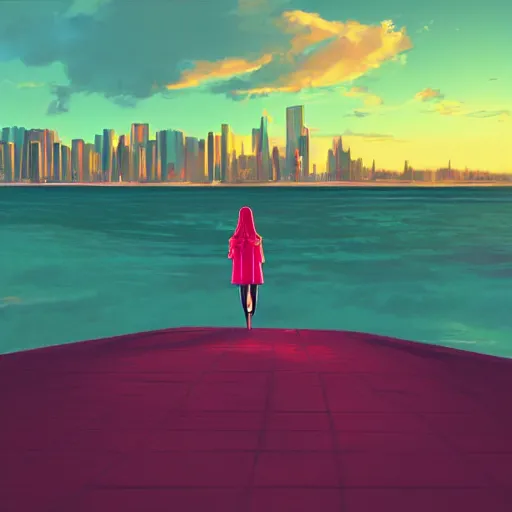 Prompt: lonely young woman with red hair, magenta coat, and light blue pants ; wandering a beach at sunset with a city skyline on the horizon, digital painting, anime inspired, warm lighting, swimming pool in foreground