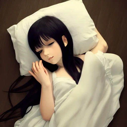 Prompt: little girl with an long black hair dressed in a simple white dress sleeping, anime art style, digital art ilya kuvshinov, inspired by balthus, hd, 4 k, hyper detailed, top view, dark, anatomically correct, angelic face