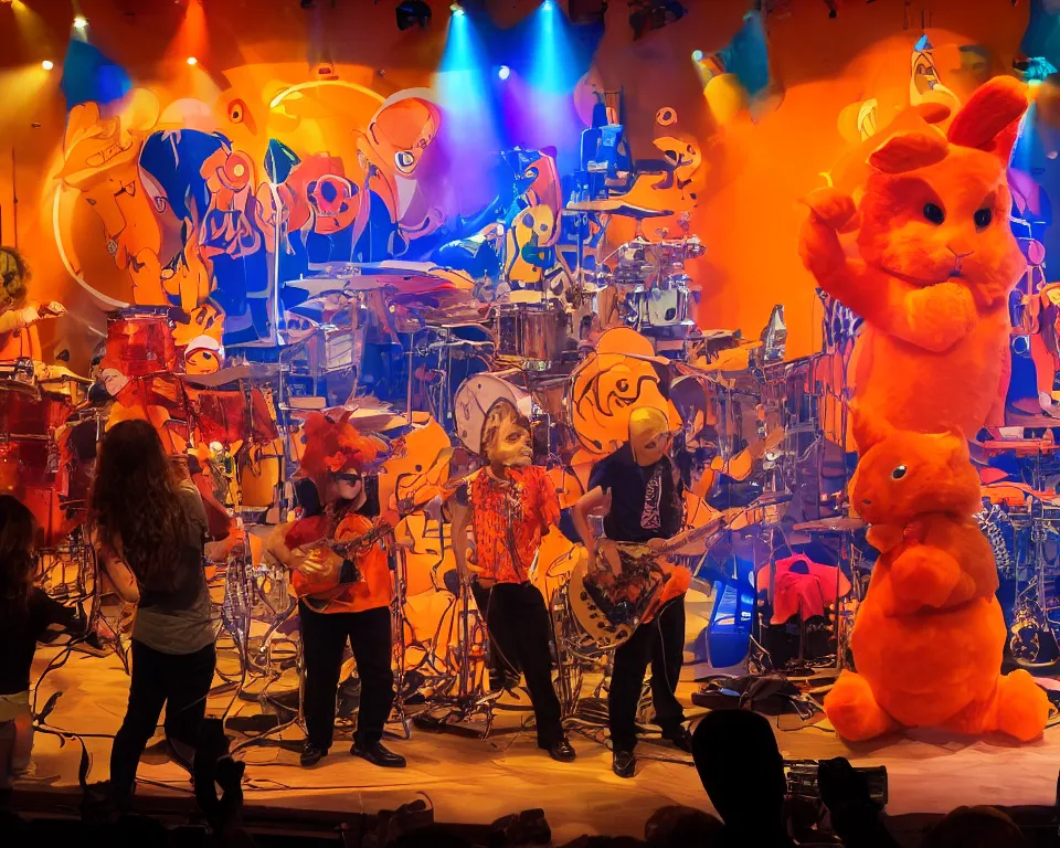 Image similar to an animatronic band composed of an orange rabbit, a red cat, and a blue sheep. the band is performing on stage at a family entertainment center. the center is brightly lit and there are families watching and enjoying the show.