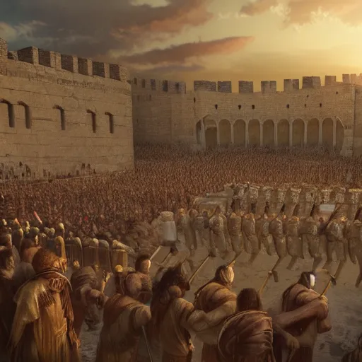 Prompt: Matte painting of large crowd of men in Biblical outfits marching in front of the walls of Jericho. People are standing on the walls looking down at them. sunrise, epic, cinematic lighting, detailed digital art trending in artstation