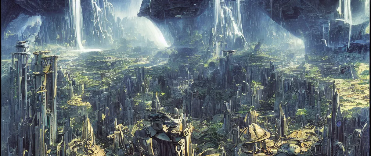 Image similar to A beautiful illustration of a futuristic city built across a world of waterfalls by Robert McCall and Ralph McQuarrie | sparth:.2 | Time white:.2 | Rodney Matthews:.2 | Graphic Novel, Visual Novel, Colored Pencil, Comic Book:.6 | unreal engine:.3 | | viewed from above | establishing shot:.7