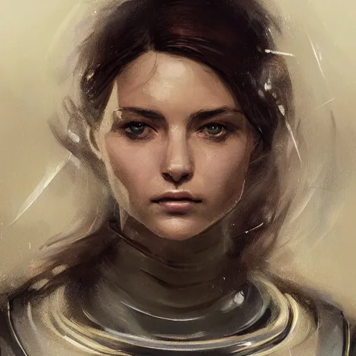 Prompt: Portrait of a woman by Greg Rutkowski, she is about 20 years old, round face, mixture turkish and russian, dark blonde hair with two strands around her face, attractive, sad and melancholy gaze, she is wearing a futuristic tactical space suit, highly detailed portrait, scifi, digital painting, artstation, concept art, smooth, sharp foccus ilustration, Artstation HQ.