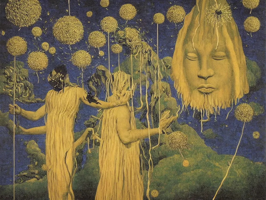 Prompt: African god mask fountainhead with glowing Dandelion seed storm. Painting by Rene Magritte, Piero della Francesca, Jean Delville, Max Ernst, Maria Sybilla Merian