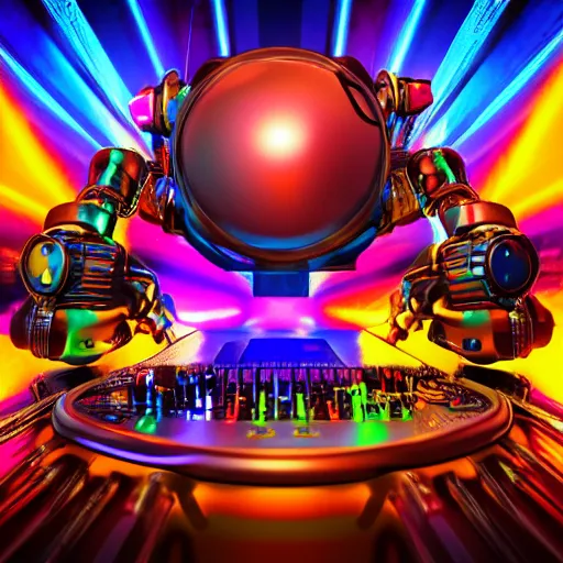 Image similar to album art, the band name is roborock, album name is energetic trance music, band with 3 steampunk robots on a dj desk with a cd mixer, 8 k, flourescent colors, halluzinogenic, multicolored, exaggerated detailed, front shot, 3 d render, octane