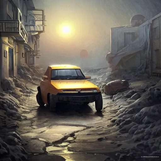 Image similar to pfuturistic lada car on the street of a Russian sleeping quarters on the moon, Norilsk, sci-fi, fantasy, intricate, very very beautiful, elegant, highly detailed, digital painting, artstation, concept art, smooth, sharp focus, illustration, art by artgerm and greg rutkowski and alphonse mucha