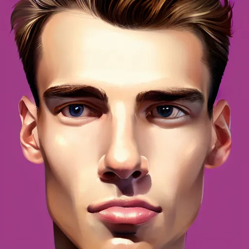 Image similar to tall man in his twenties with brown blond short quiff hair and thin slightly round facial structure with cleft chin, straight eyebrows and prominent nose, good definition of cheekbones, big hazel nut brown eyes, narrow face, slim body, atmospheric lighting, painted, intricate, 4 k, highly detailed by charlie bowater