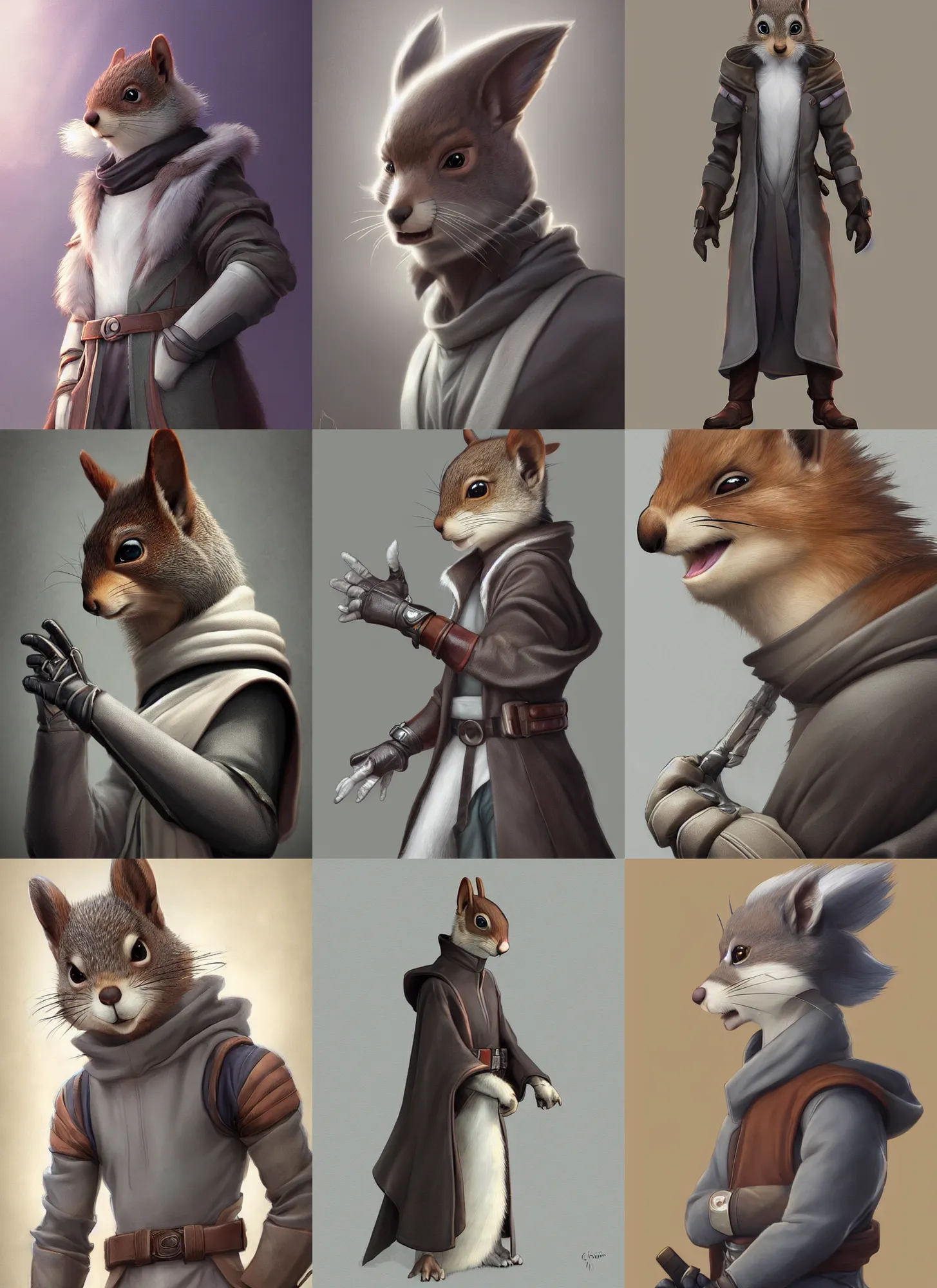 Prompt: beautiful portrait of a male anthropomorphic gray squirrelfursona wearing jedi robes. leather gloves. character design by charlie bowater, ross tran, artgerm, and makoto shinkai, detailed, soft lighting, rendered in octane