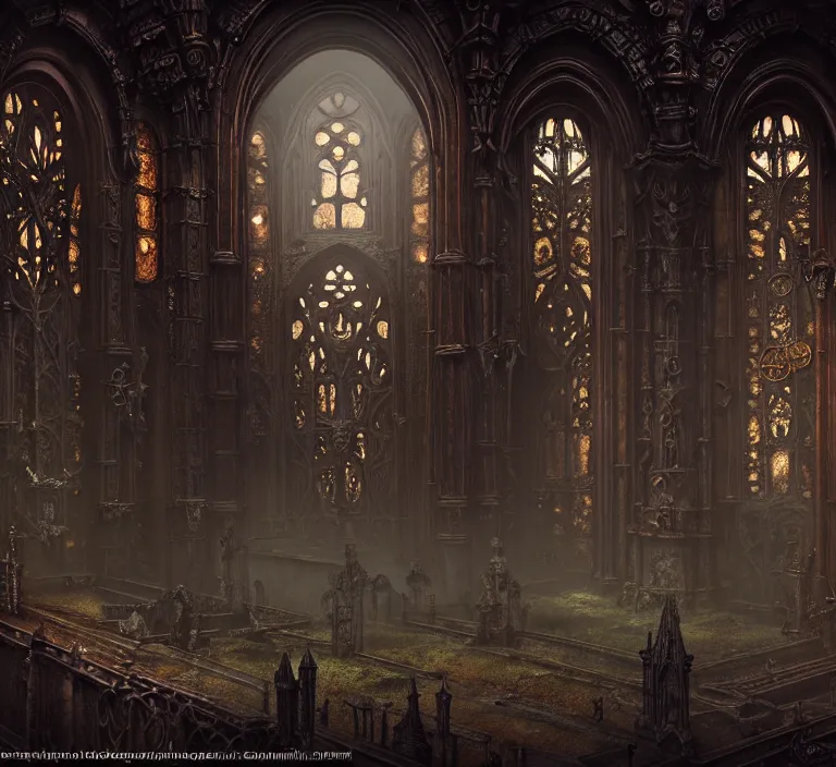 Image similar to steam necropolis, memento mori, gothic, neo - gothic, art nouveau, hyperdetailed copper patina medieval icon, stefan morrell, philippe druillet, ralph mcquarrie, concept art, steampunk, unreal engine, detailed intricate environment, octane render, moody atmospherics, volumetric lighting, ultrasharp, ominous, otherworldly