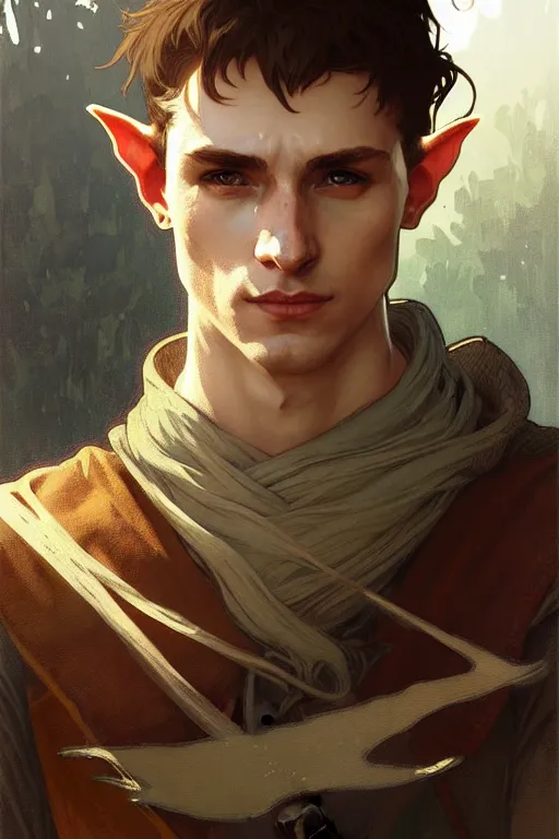 Image similar to portrait of a beautiful fit young elf male ranger, with fluent cloths, leather armor, by greg rutkowski and alphonse mucha, d & d character, gradient brown to white, autumn background, highly detailed portrait, digital painting, artstation, concept art, smooth, sharp focus illustration, artstation hq