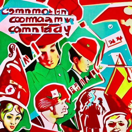 Prompt: a communist revolution in Candy Land, 1960s illustration, high quality, collage in the style of Klaus Voormann, album cover, white and red peppermint motif