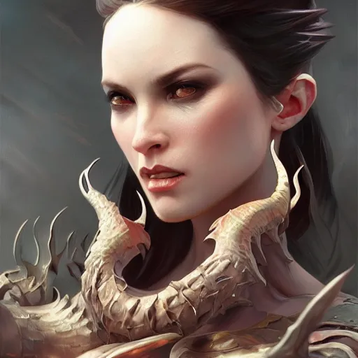 Image similar to portrait of an evil hellspawn, D&D, fantasy, intricate, elegant, highly detailed, digital painting, artstation, concept art, smooth, sharp focus, illustration, art by artgerm and greg rutkowski and alphonse mucha