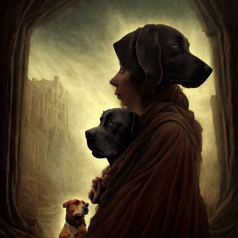 Prompt: renaissance professional digital art of a traveler with a faithful dog, symmetrical face, atmospheric lighting, painted, complex, detailed, detailed, foreboding, mysterious, leesha hannigan, wayne haag, reina rocin, ignacio fernandez rios, mark ryden, iris van herpen, epic, stunning, magnificent, very wow, cinematic, masterpiece.