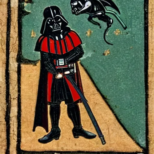 Image similar to darth vader in a medieval manuscript fighting with a dragon, medieval manuscript, golden miniatures