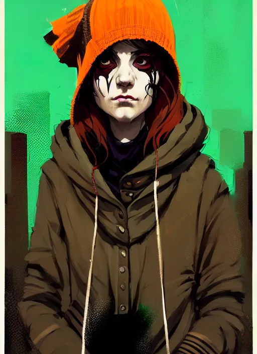 Image similar to highly detailed portrait of a sewer punk seattle lady, tartan hoody, by atey ghailan, by greg rutkowski, by greg tocchini, by james gilleard, by joe fenton, by kaethe butcher, gradient green, brown, blonde crea, orange, brown and white color scheme, grunge aesthetic!!! ( ( graffiti tag wall background ) )