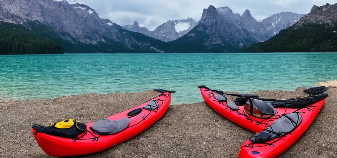 Image similar to a beautiful image of a breathtaking lake with amazing mountains in the background, there is a kayak in the foreground on the beach. landscape image