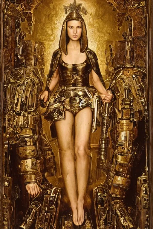 Prompt: portrait of young natalie portman as warrior of dark futuristic robotic world, by jan van eyck, h r giger, mysticism, intricate, highly ornate dark gold trim armoury
