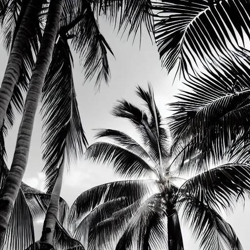 Image similar to miracle musical Hawaii part ii album cover, showing an ocean in the background, spiral transparent stairs on the left with tall palm trees behind it, a slight rainbow in the background, white outline border, moon in the right top area black and white except for the rainbow album cover