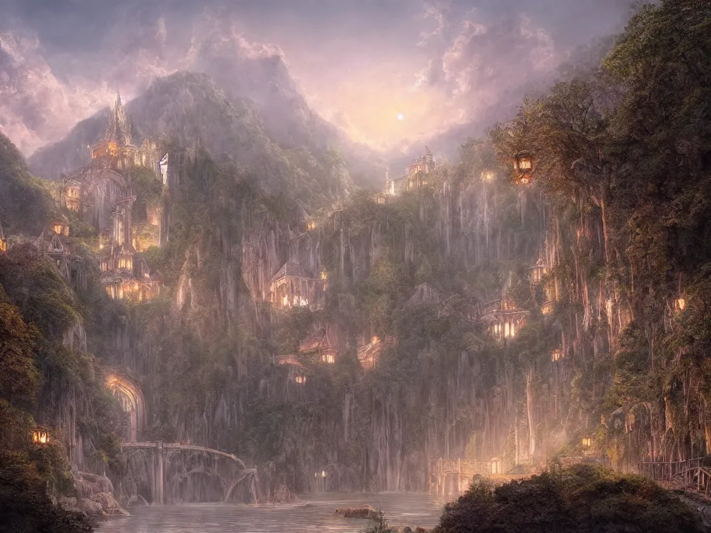 Image similar to Rivendell in the evening, detailed matte painting, cinematic, Alan Lee, Artstation