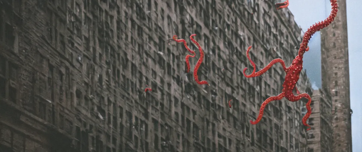 Prompt: filmic extreme close up shot 3 5 mm film color photograph of a family jumping bloody pants off a building laughing with tentacle arms happy, only color results