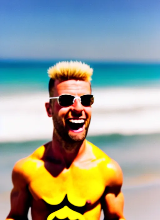 Image similar to professional photo of person looking like bart simpson, he's muscular, on the beach at noonday, blur background, high details, original simpsons cartoon style