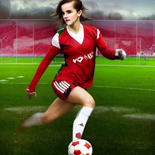 Image similar to emma watson as a lokomotiv football player, face portrait, hyper realistic, highly detailed