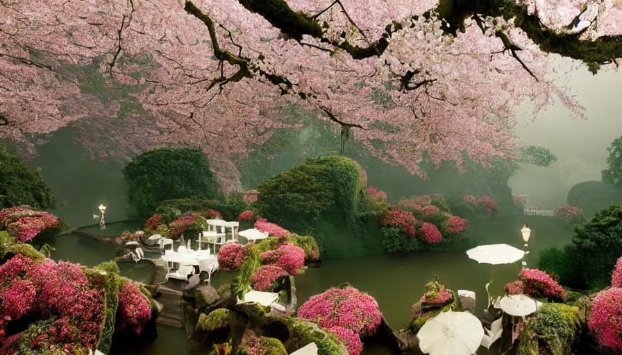 Image similar to a Sophia Coppola 35mm film still of a very surreal magical European castle with a cafe in a lush waterfall garden, falling cherry blossoms pedals, in the style of Gucci and Wes Anderson glowing lights and floating lanterns, foggy atmosphere, rainy, moody, muted colors, magic details, very detailed, 8k, cinematic look