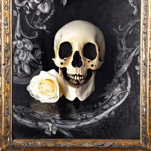 Prompt: a detailed gritty looking baroque still life oil painting of a human skull with white roses coming out of the eye sockets and and shining white diamonds sitting inside the roses, dark black rippling lace curtains behind