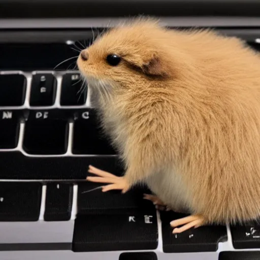 Prompt: fluffy gopher sitting on old computer keyboard,