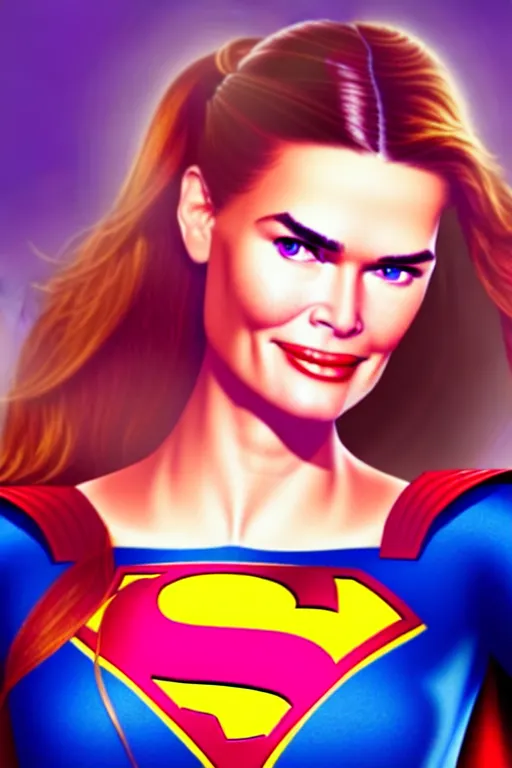 Image similar to portrait of a mix of beautiful young maria shriver, mariel hemmingway, brooke shields and elle macpherson as supergirl, thin lips, hair tied up in a pony tail, colorful artstation, cgsociety