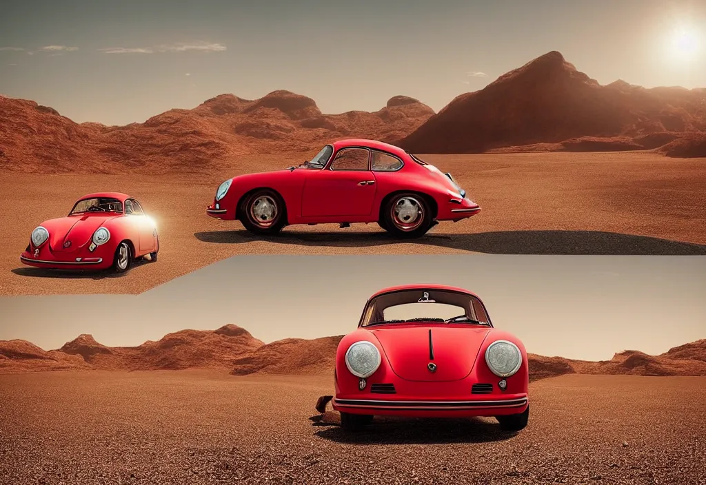 Image similar to “a red porsche 356 is parked in the middle of the desert, a matte painting by Scarlett Hooft Graafland, featured on unsplash, australian tonalism, anamorphic lens flare, cinematic lighting, rendered in unreal engine”