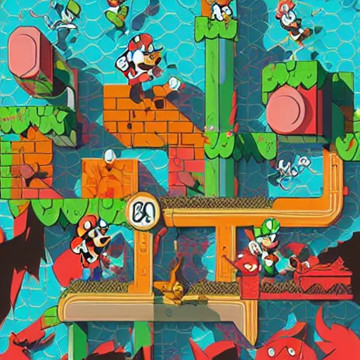 Prompt: Super Mario Bros Game Cover art by Sachin Teng, asymmetrical, Organic Painting , Hard Light and long shadows, Matte Painting, geometric shapes, hard edges, graffiti, street art, 300 dpi :2 by Sachin Teng:4