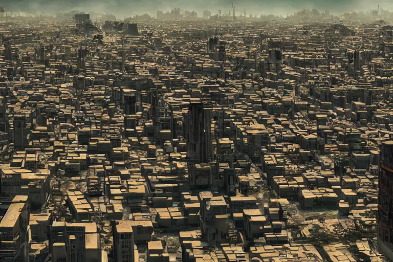 Image similar to sprawling cramped dystopian cityscape in a quentin tarantino movie, 4 k arri alfa anamorphic lens 3 5 mm film wide shot still