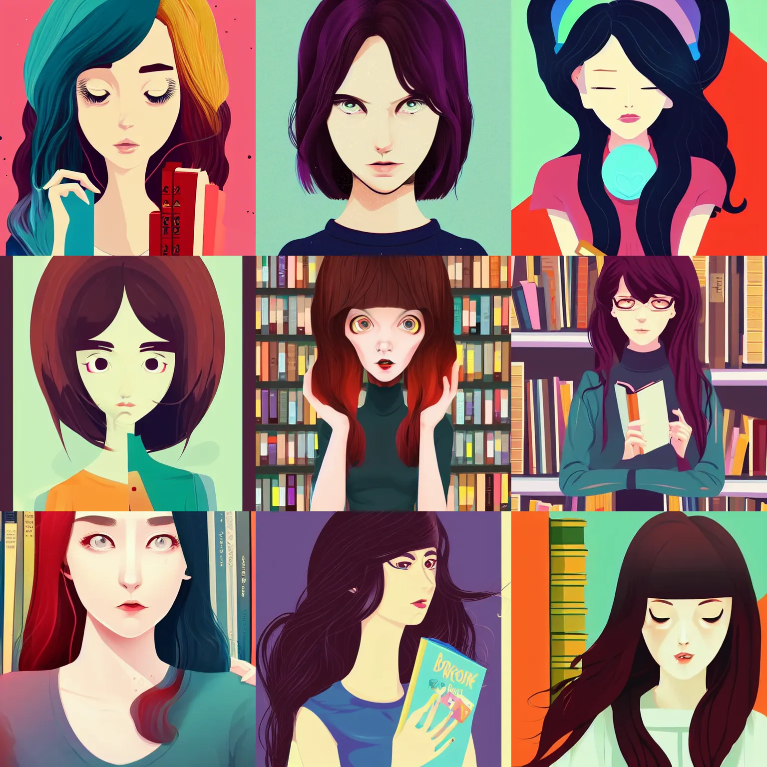 Prompt: colorful art of woman with dark redhair, big eyes, eyes wide apart, books everywhere, bookstore, clean cel shaded vector art. shutterstock. behance hd by lois van baarle, artgerm, helen huang, by makoto shinkai and ilya kuvshinov, rossdraws, illustration