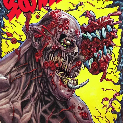 Prompt: a comic book cover of a scary horrifying mutant zombie face with worms and spiders coming out of its mouth, in style of dc comics, highly detailed, oil on canvas