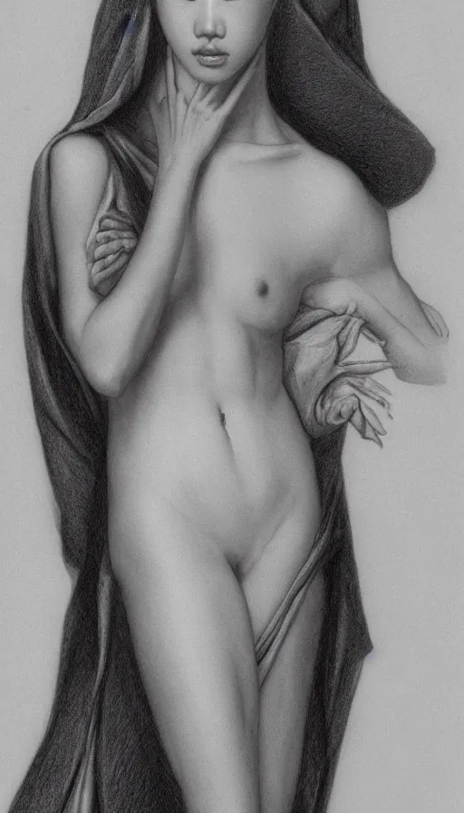 Prompt: model yoon young as the high priestess, by roberto ferri, black and white graphite drawing, smooth render, 3 / 4 view