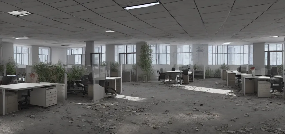 Image similar to photo of abandoned office daytime, bright, 8 k photorealistic, hd, high details, trending on artstation