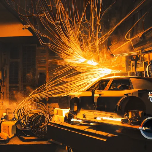 Image similar to overcharging toaster oven, tangles of metallic cables, dark messy smoke - filled cluttered workshop, dark, dramatic lighting, orange tint, sparks, plasma charges, cinematic, highly detailed, sci - fi, futuristic, movie still