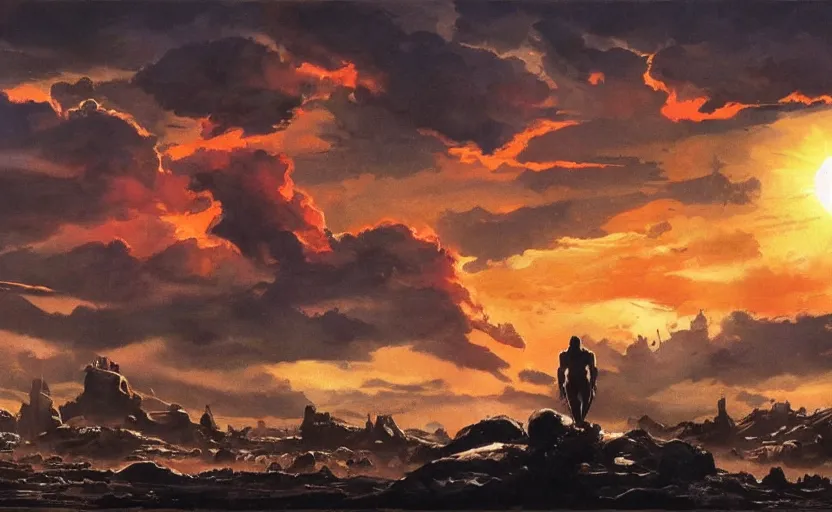 Image similar to dramatic sunset and dramatic sky , lone muscular creature in the middle looks at the sun , painting by frazetta, low angle perspective, postapocalyptic panorama.asthetics !